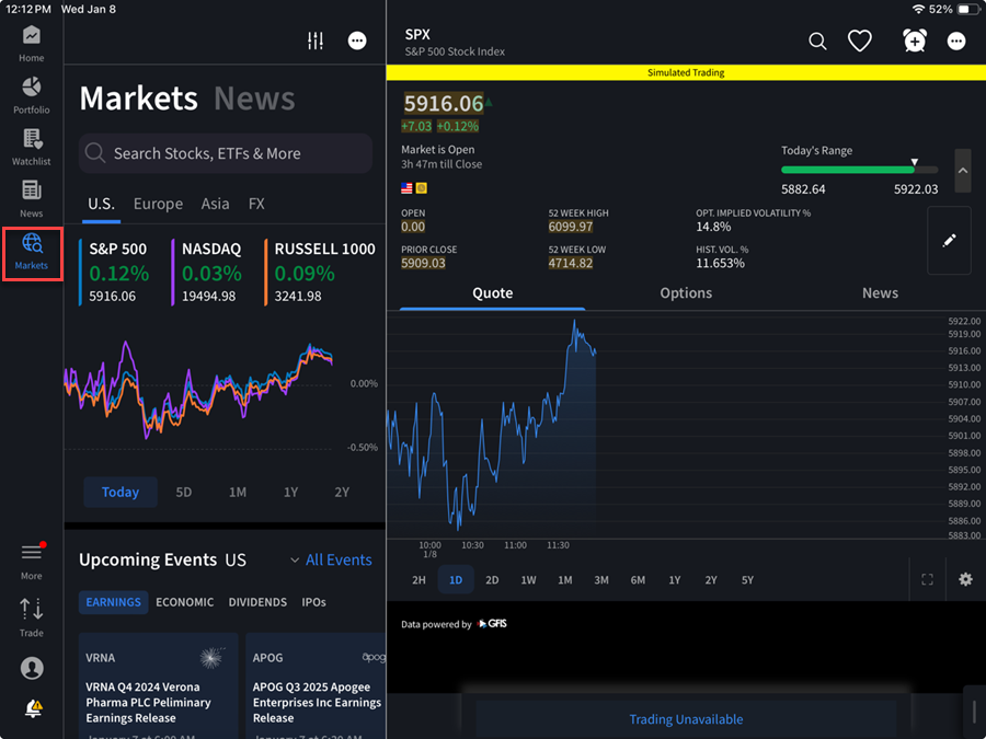 The markets homepage on the iPad. 